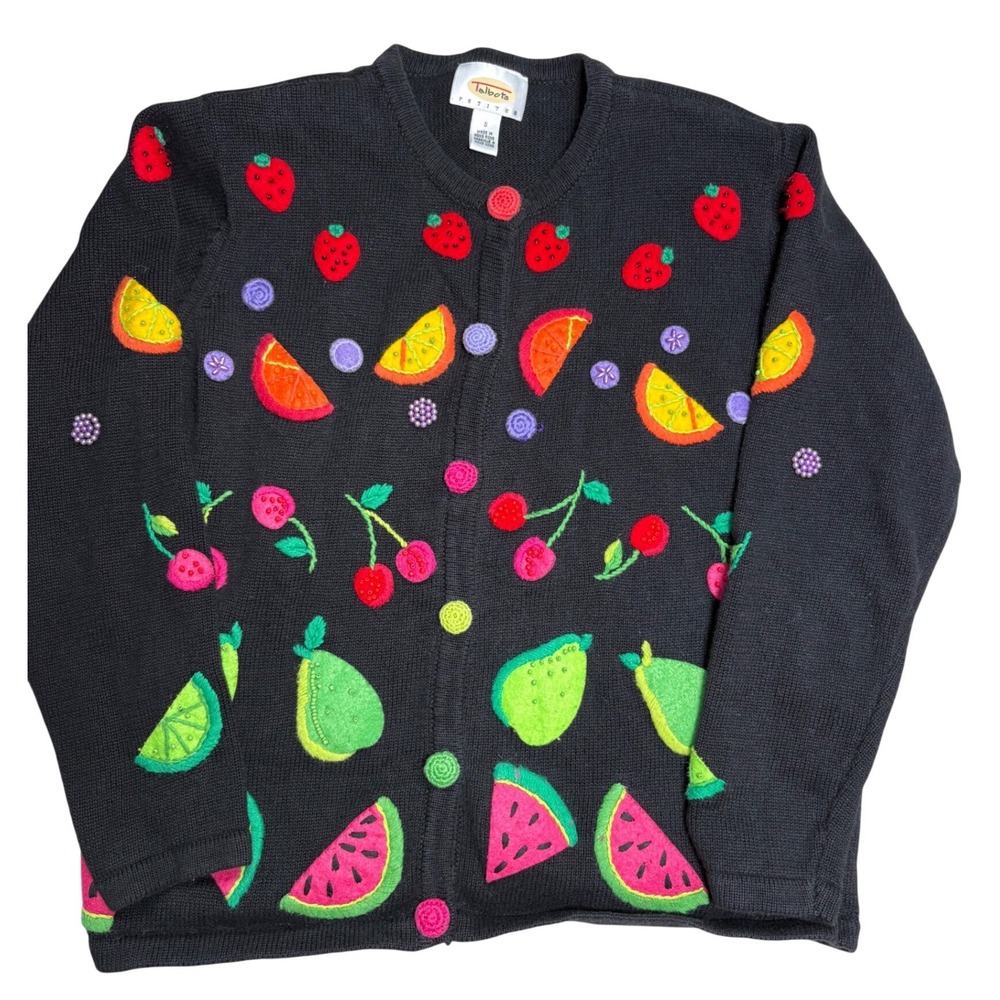 Talbots VINTAGE RARE Petites Black Fruit Embroidered Beaded Cardigan Sweater S